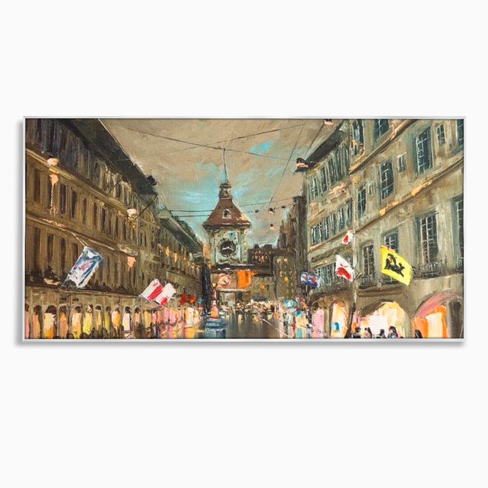 Tablou canvas cu pictura stradala cu turn ceas in ploaie, in rama de aluminiu argintiu